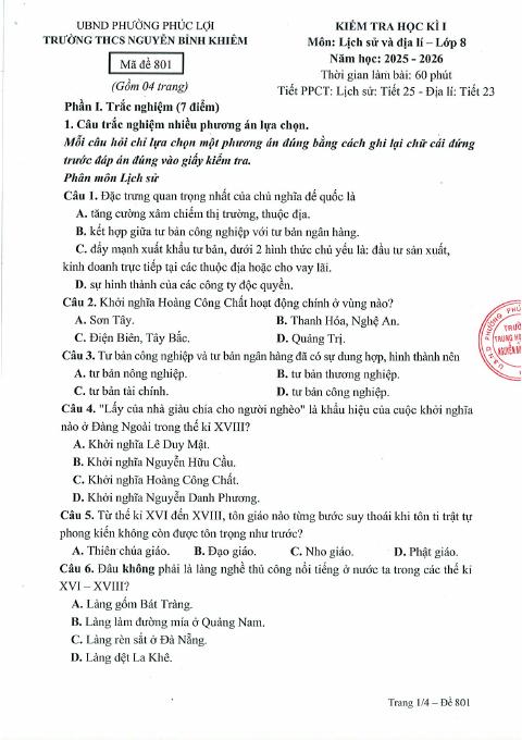 Đề thi Học kì 1 Lịch sử và Địa lí 8 năm 2025-2026 trường THCS Nguyễn Bỉnh Khiêm (Hà Nội)